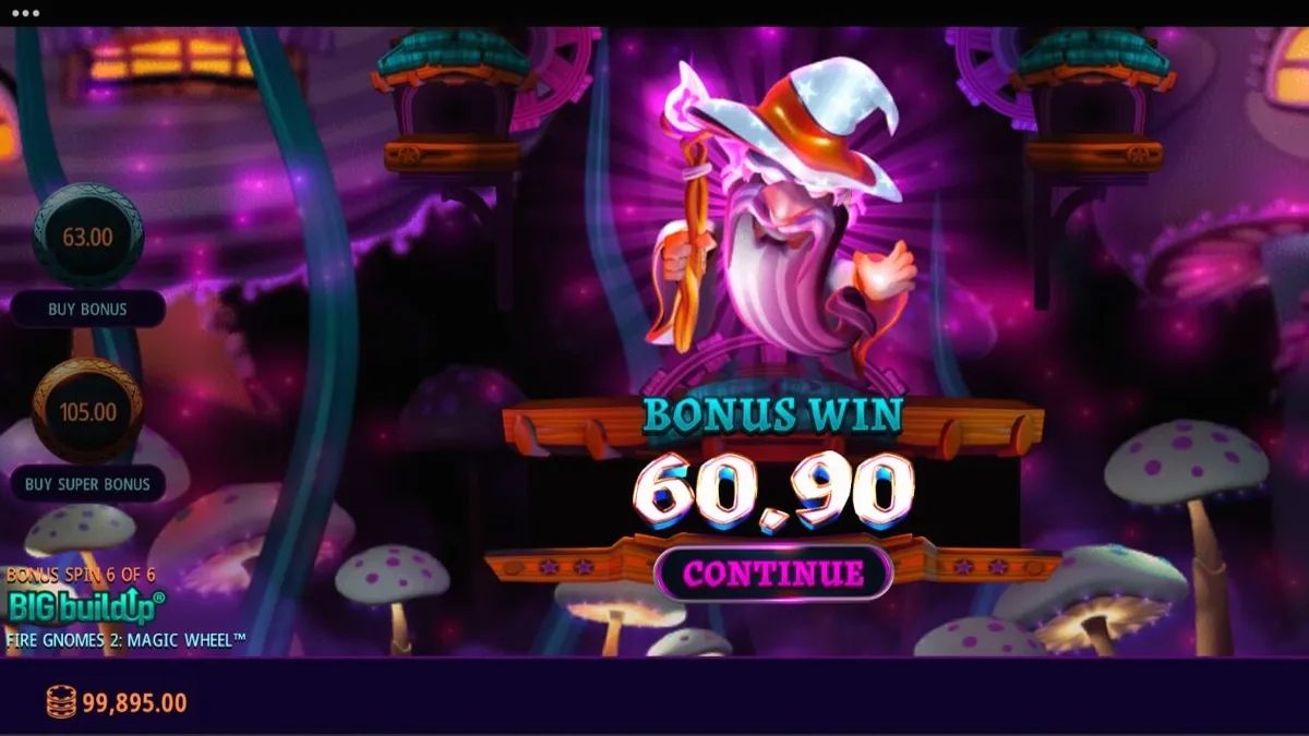 Tampilan visual permainan slot Fire Gnomes 2 Magic Wheel dengan tema fantasi jamur